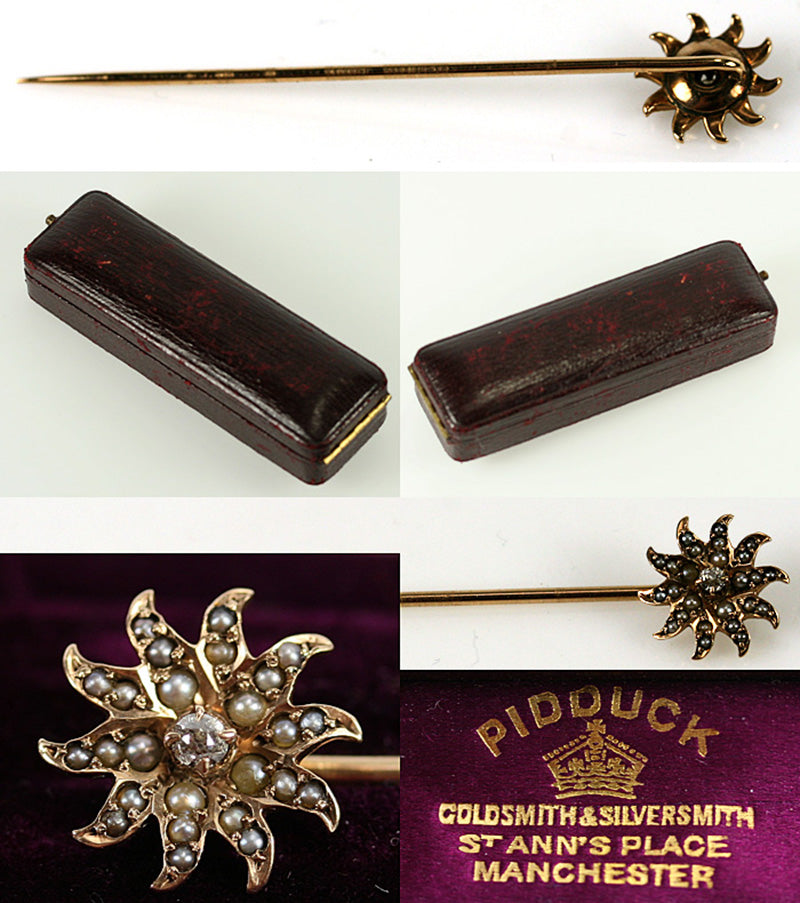 Antique Victorian Era Mourning Stick Pin #2, 14k Gold, Diamond, Seed Pearls in Orig Box