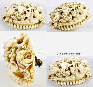 Antique Victorian Era Carved Ivory Brooch 2" across, Urn of Flowers, Possibly Dieppe