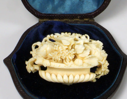 Antique Victorian Era Carved Ivory Brooch 2" across, Urn of Flowers, Possibly Dieppe