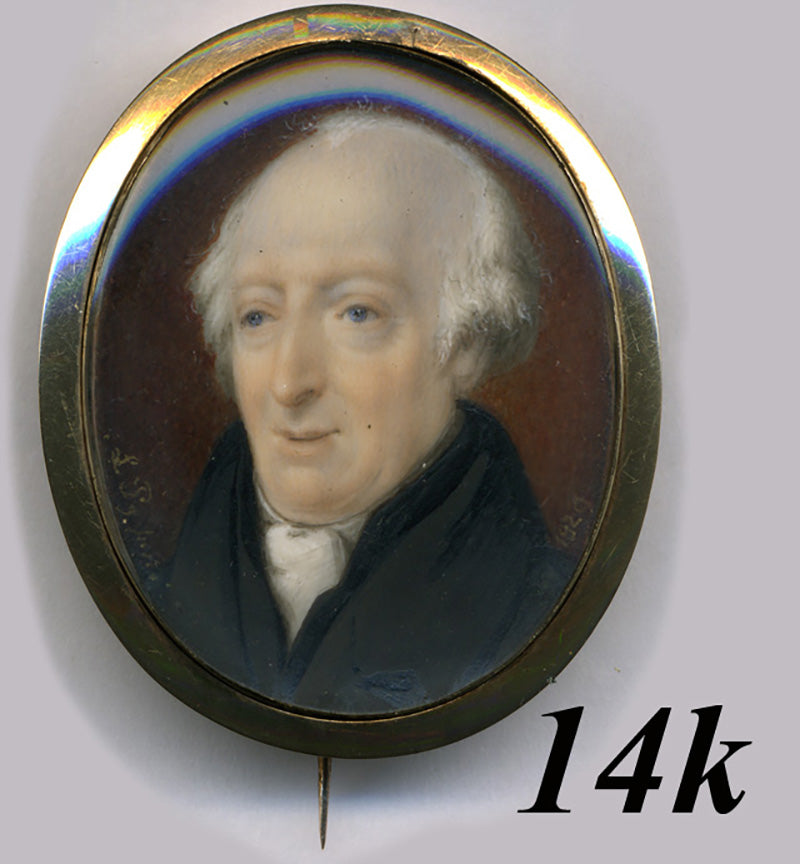 George IV Antique Artist Sighed Portrait Miniature 14k Brooch, Gentleman Louis Parch Brighton 1829