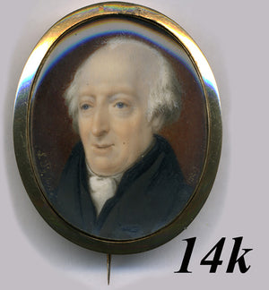 George IV Antique Artist Sighed Portrait Miniature 14k Brooch, Gentleman Louis Parch Brighton 1829