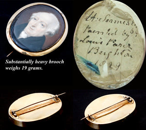 George IV Antique Artist Sighed Portrait Miniature 14k Brooch, Gentleman Louis Parch Brighton 1829