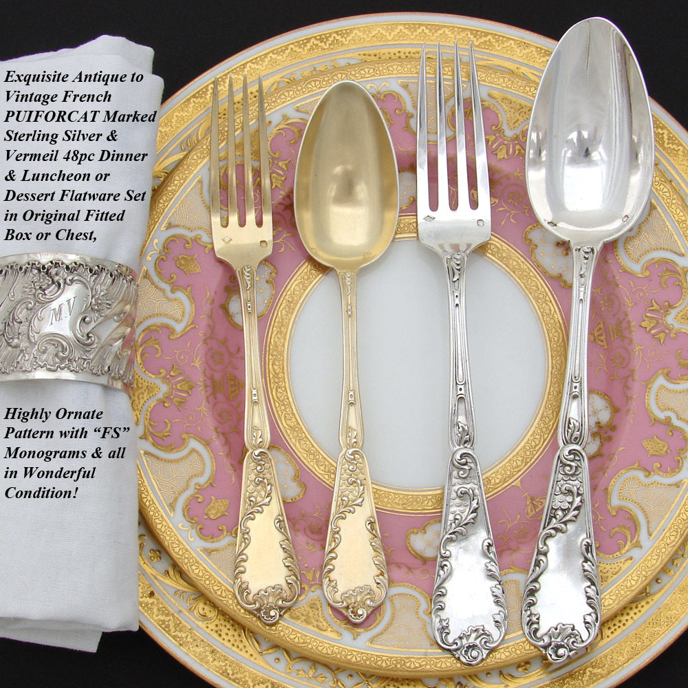 Exquisite Antique French PUIFORCAT Sterling Silver & Vermeil 48pc Flatware Set