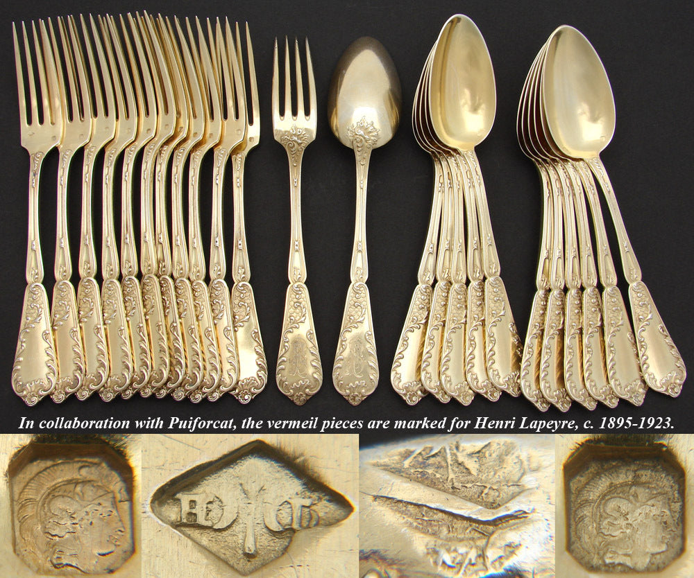 Exquisite Antique French PUIFORCAT Sterling Silver & Vermeil 48pc Flatware Set