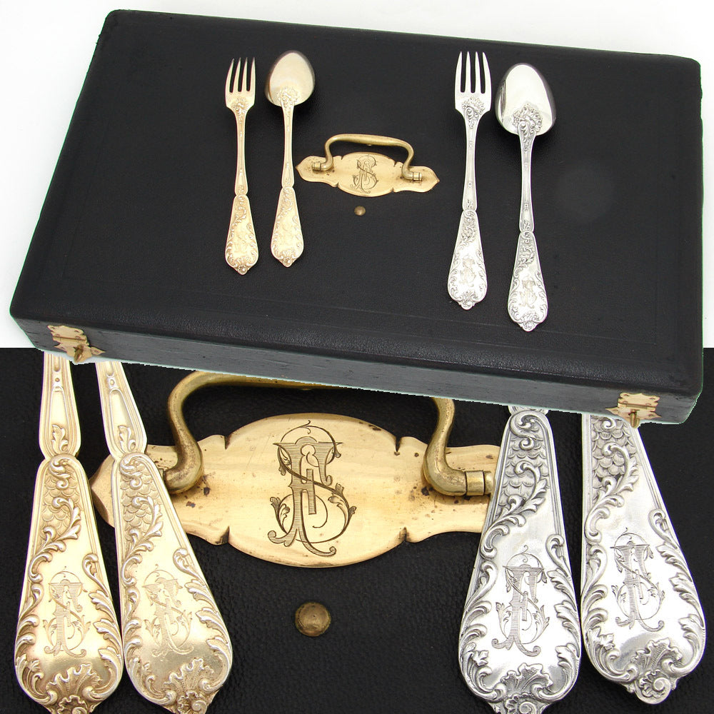 Exquisite Antique French PUIFORCAT Sterling Silver & Vermeil 48pc Flatware Set