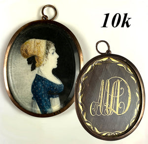 Antique French Revolutionary Portrait Miniature, Hair Art Memento and 10k Gold Large Locket Frame, Pendant