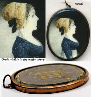 Antique French Revolutionary Portrait Miniature, Hair Art Memento and 10k Gold Large Locket Frame, Pendant