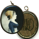 Antique French Revolutionary Portrait Miniature, Hair Art Memento and 10k Gold Large Locket Frame, Pendant