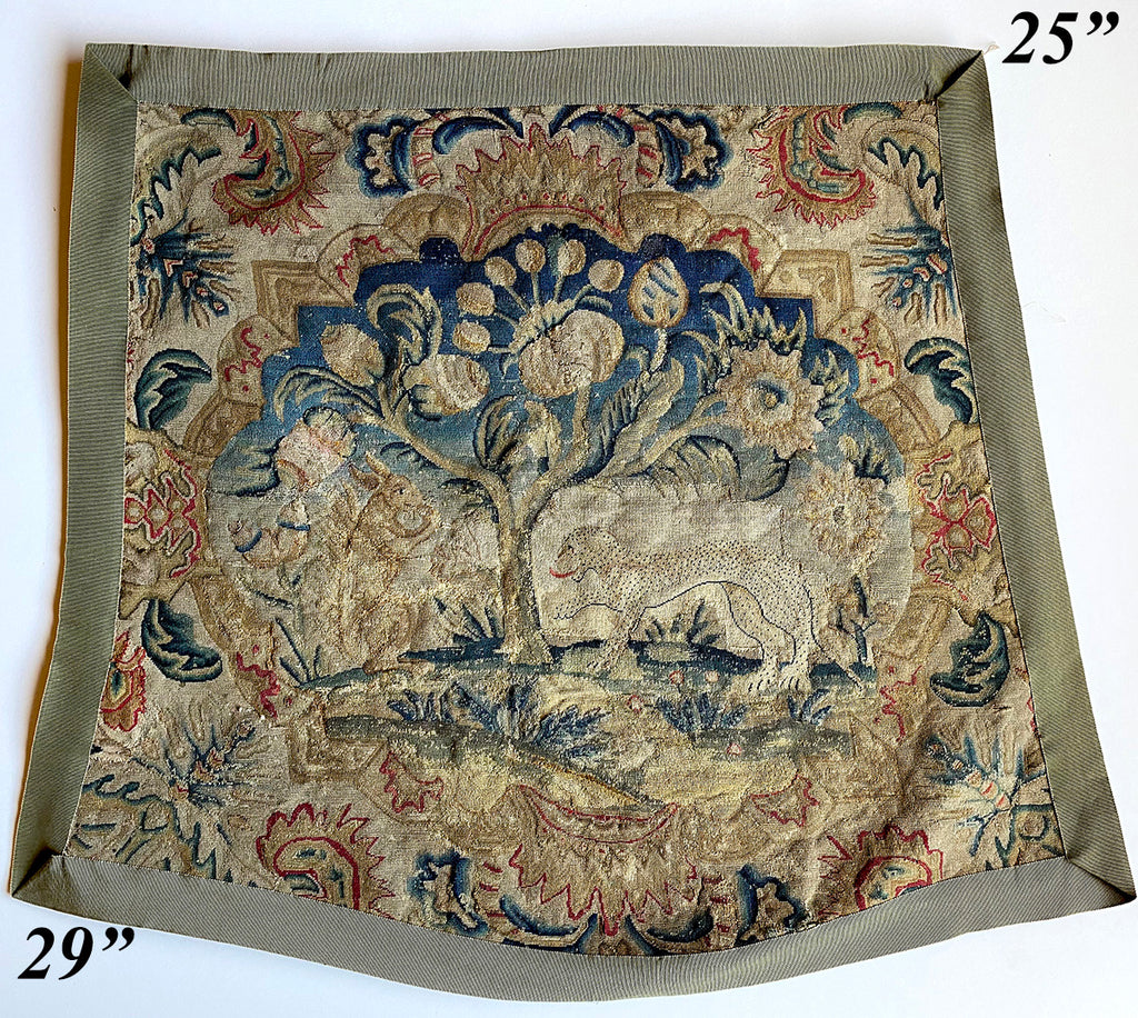 RARE Louis XIV C.1680-1730s Point de Saint-Cyr French Wool and Silk Tapestry, Leopard, Rabbit