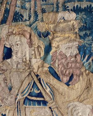Antique French 15th-16th c. Aubusson Tapestry Panel, Horses, Lord & Lady, Soldiers Processional, Verdure