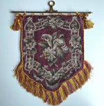 Antique mid-1800s Victorian Beadwork Needlepoint Fire Screen, Bracket and French Fringe, For Pillow Top