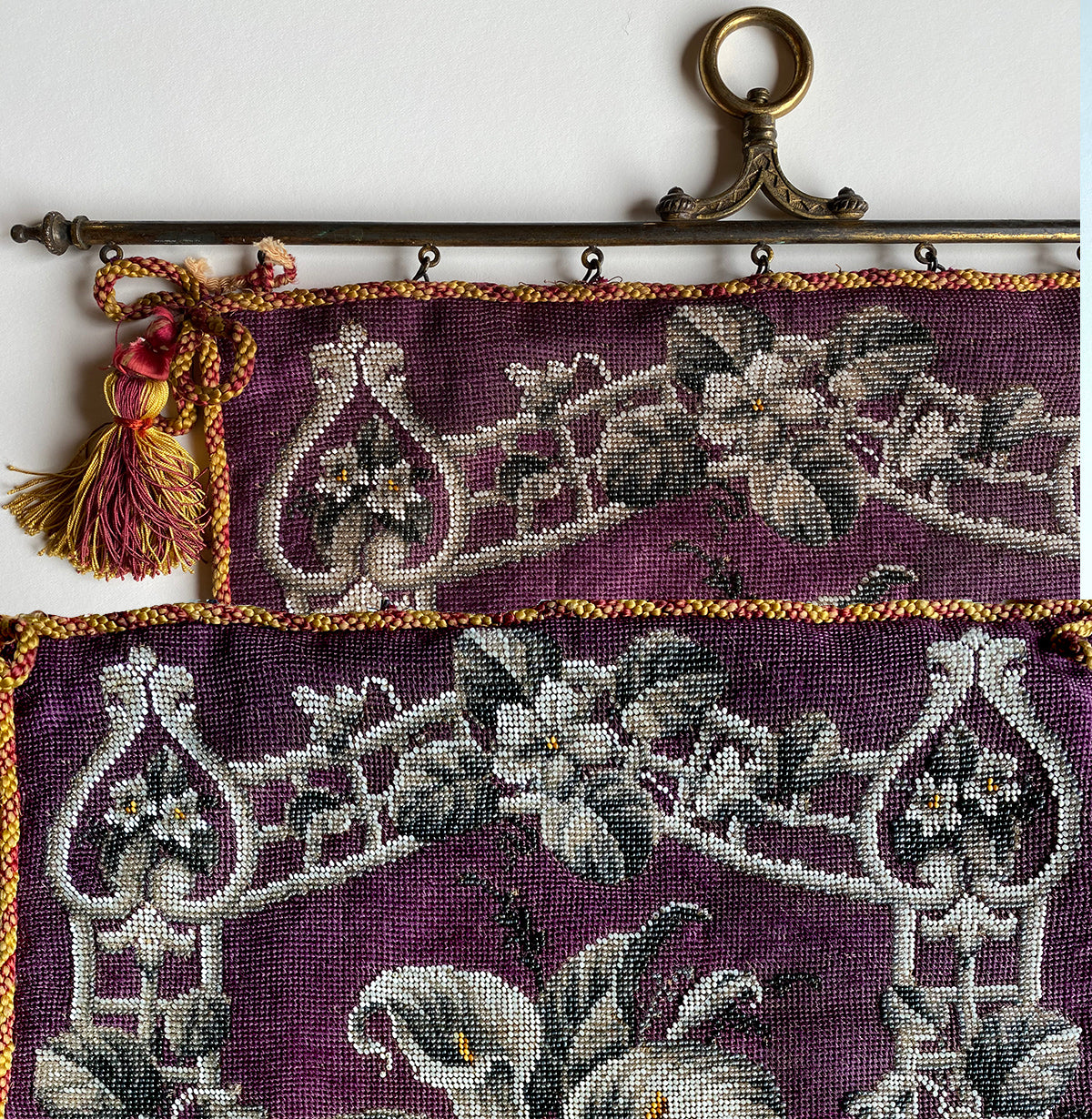 Antique mid-1800s Victorian Beadwork Needlepoint Fire Screen, Bracket and French Fringe, For Pillow Top