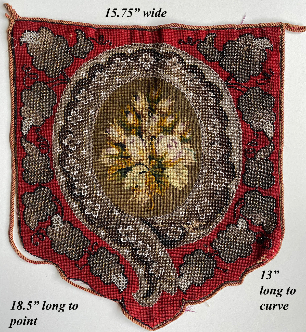 Antique Victorian Glass Beadwork and Needlepoint Fire Screen Panel for Pillow Top, Floral