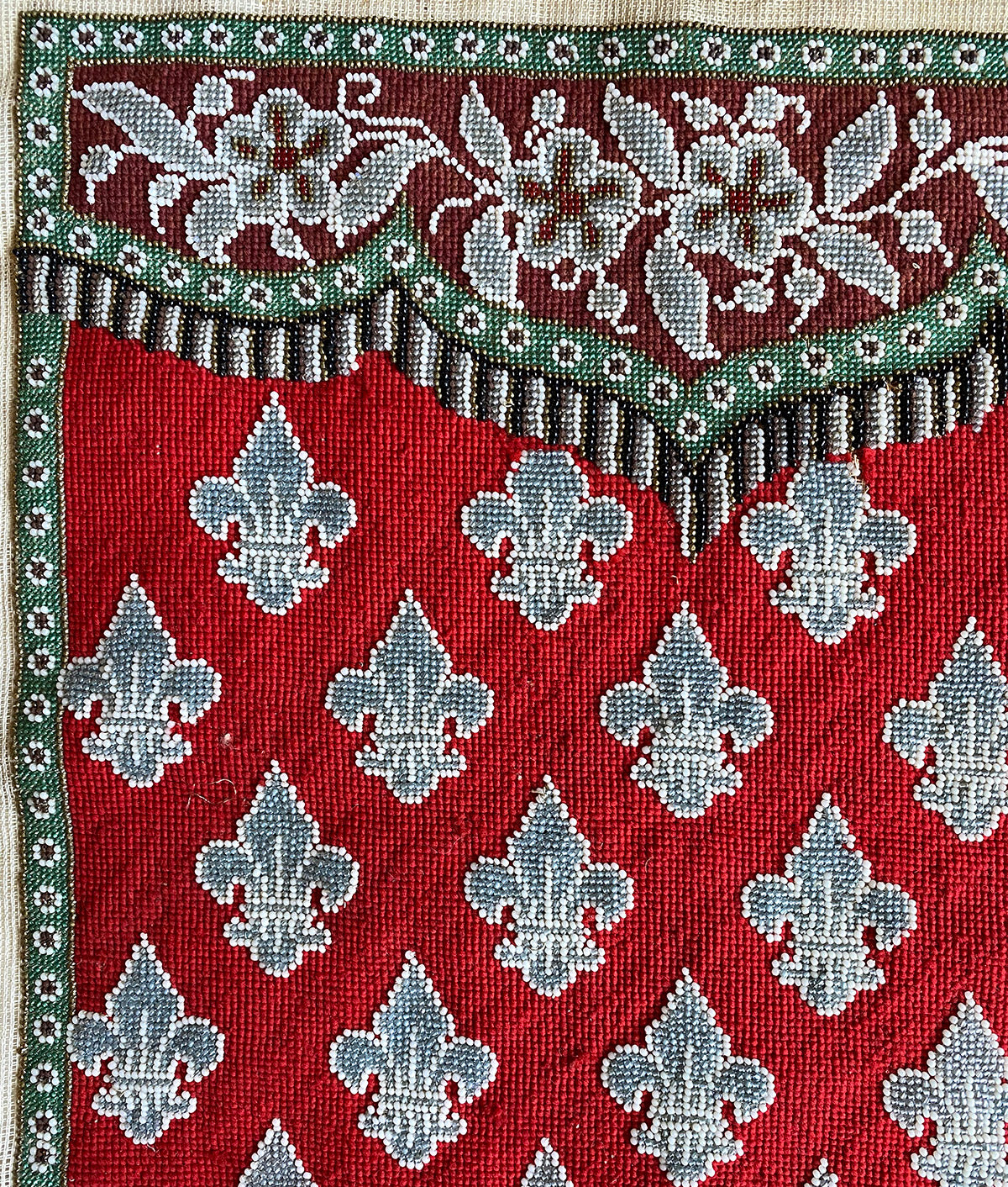 Antique Beadwork Needlepoint Fire Screen Panel, Unused. French Napoleon III, Victorian, Fleur de Lys