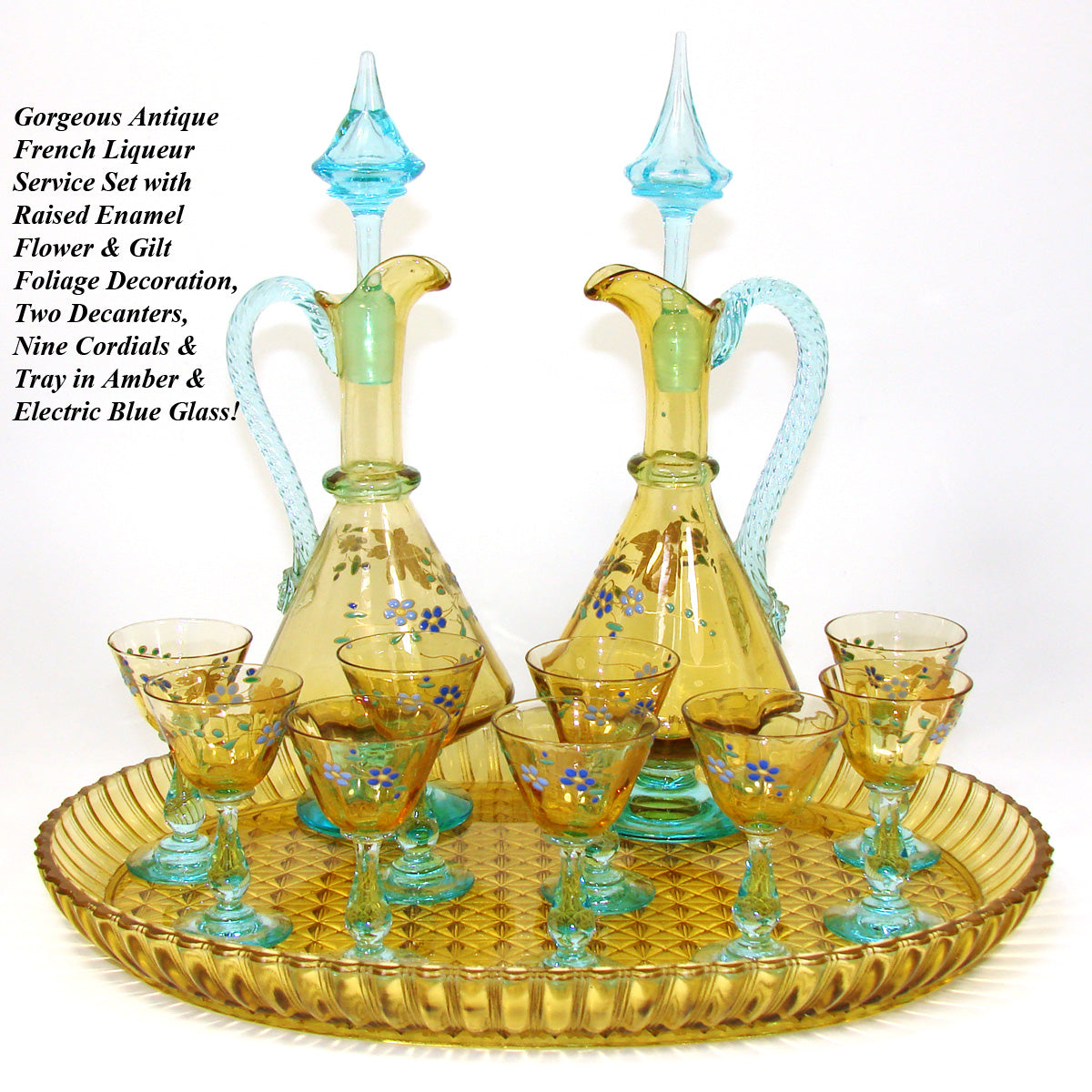 Antique French Liqueur Aperitif Decanter PAIR, Cordial Stems & Tray, Likely George Sand