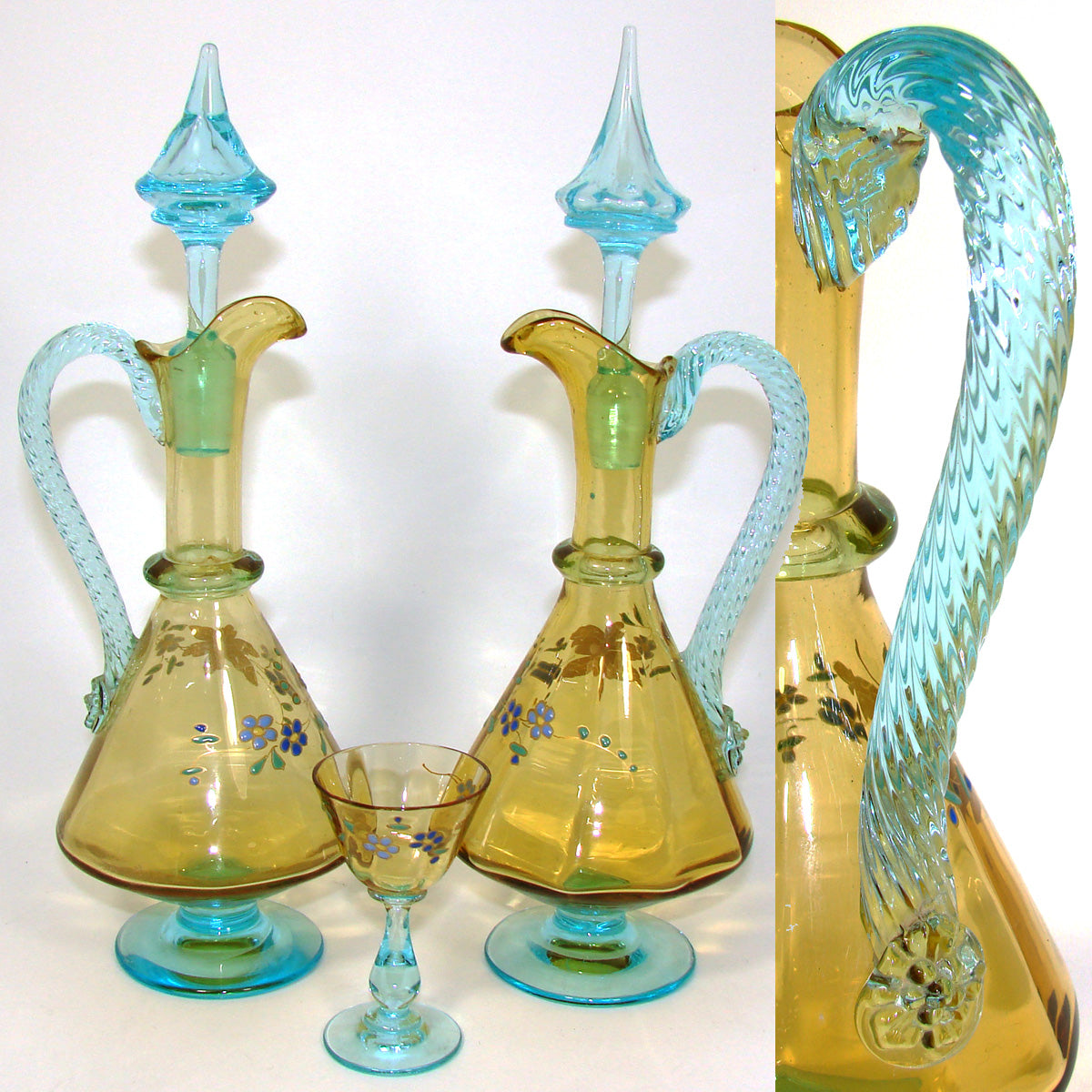 Antique French Liqueur Aperitif Decanter PAIR, Cordial Stems & Tray, Likely George Sand