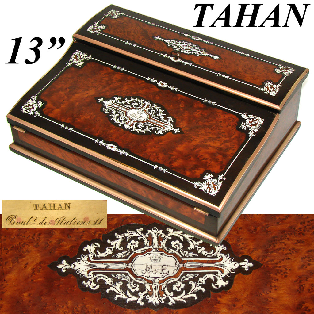 Magnificent Antique French TAHAN Marked Ecritoire, Lap Desk or Writer's Box, Crown Top Monogram, Boulle