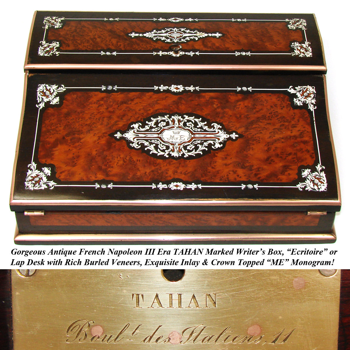 Magnificent Antique French TAHAN Marked Ecritoire, Lap Desk or Writer's Box, Crown Top Monogram, Boulle