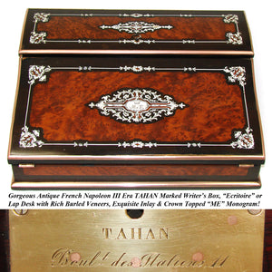 Magnificent Antique French TAHAN Marked Ecritoire, Lap Desk or Writer's Box, Crown Top Monogram, Boulle