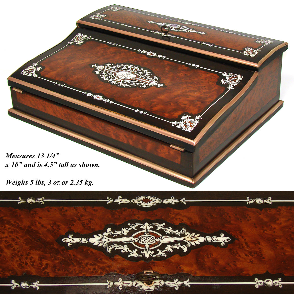 Magnificent Antique French TAHAN Marked Ecritoire, Lap Desk or Writer's Box, Crown Top Monogram, Boulle