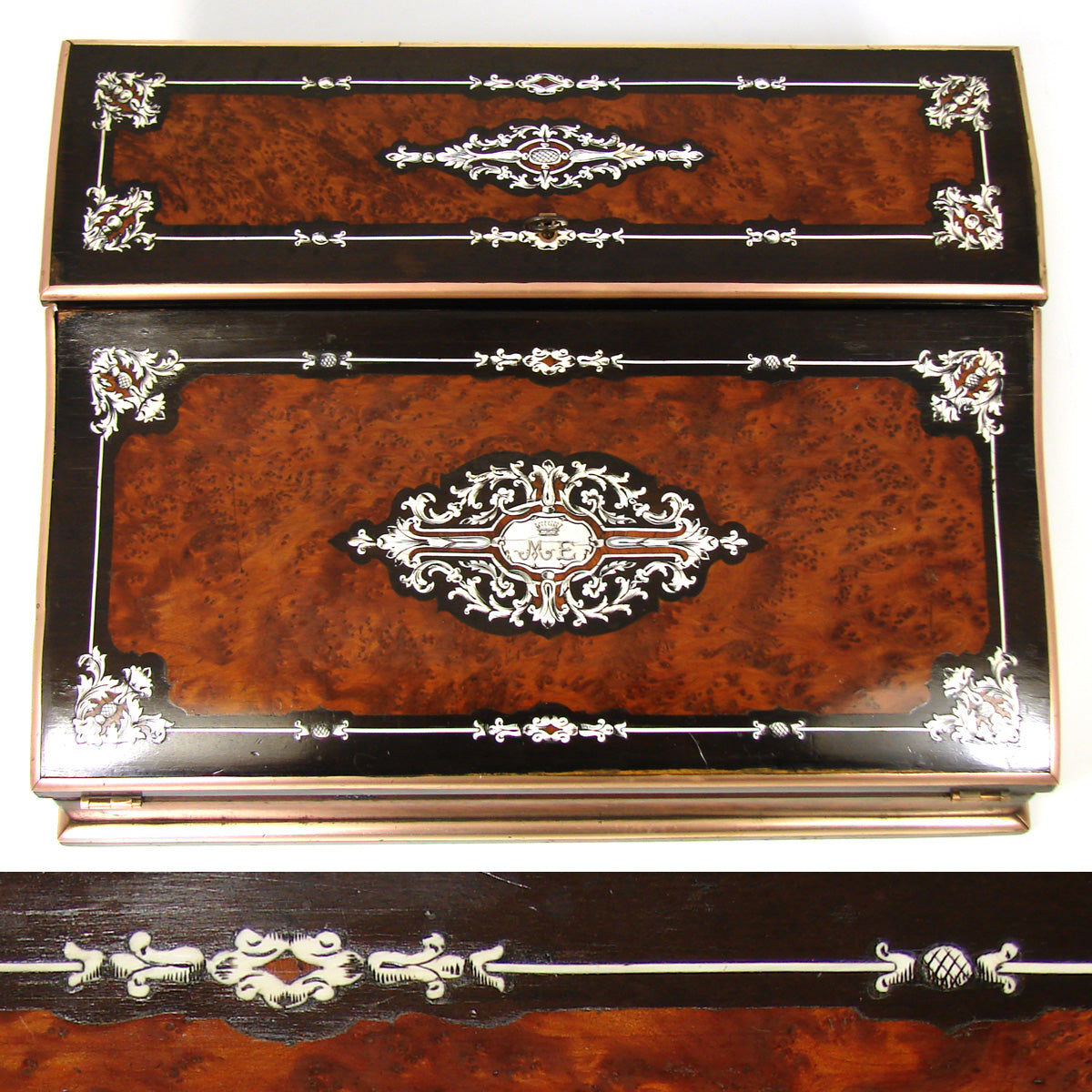 Magnificent Antique French TAHAN Marked Ecritoire, Lap Desk or Writer's Box, Crown Top Monogram, Boulle