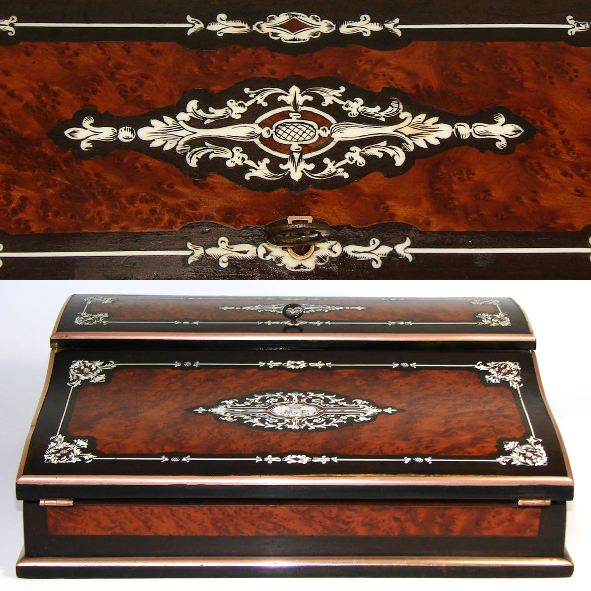 Magnificent Antique French TAHAN Marked Ecritoire, Lap Desk or Writer's Box, Crown Top Monogram, Boulle