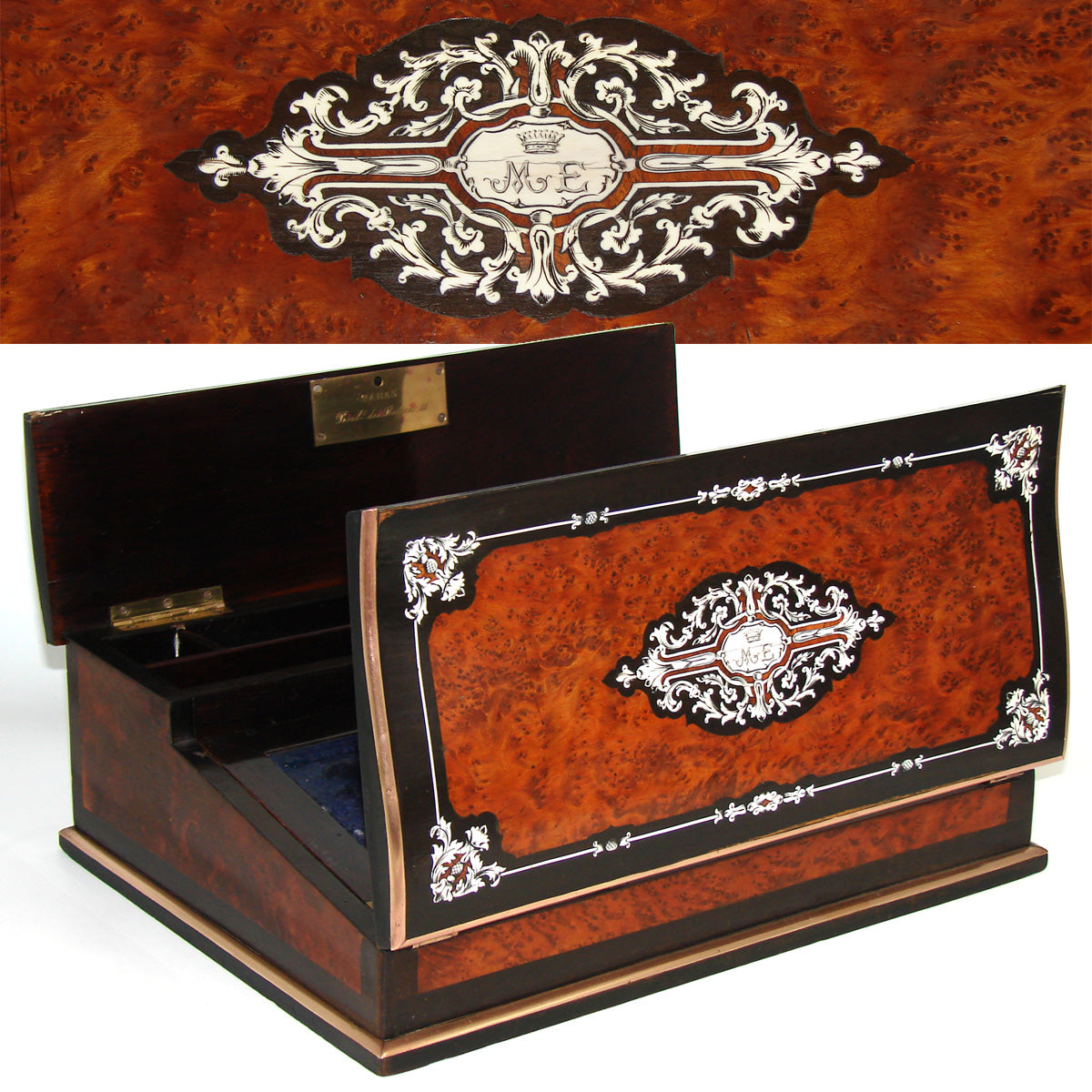 Magnificent Antique French TAHAN Marked Ecritoire, Lap Desk or Writer's Box, Crown Top Monogram, Boulle