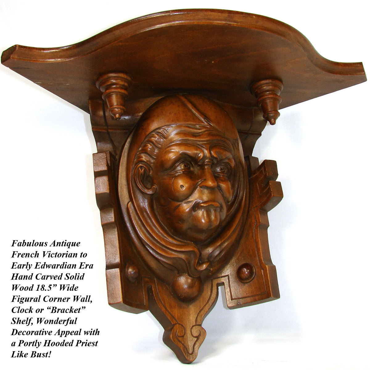 Fab Antique French Victorian Carved 18.5" Wall or Bracket Shelf, Hooded Monk Figure