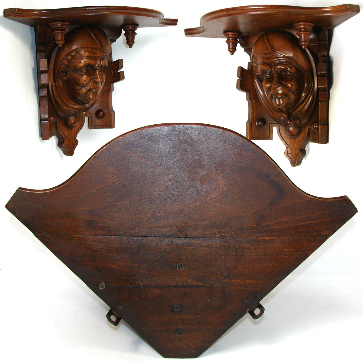 Fab Antique French Victorian Carved 18.5" Wall or Bracket Shelf, Hooded Monk Figure