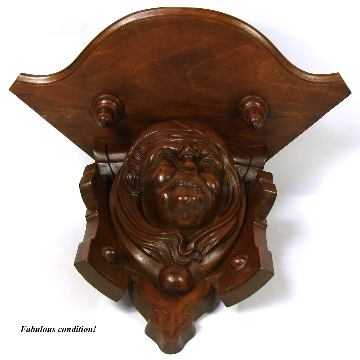 Fab Antique French Victorian Carved 18.5" Wall or Bracket Shelf, Hooded Monk Figure