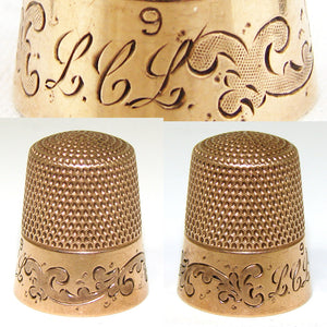 Lovely Antique Ketcham & McDougall 10k Gold Sewing Thimble, "L.C.L." Monogram