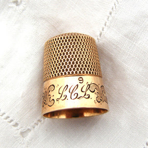 Lovely Antique Ketcham & McDougall 10k Gold Sewing Thimble, "L.C.L." Monogram