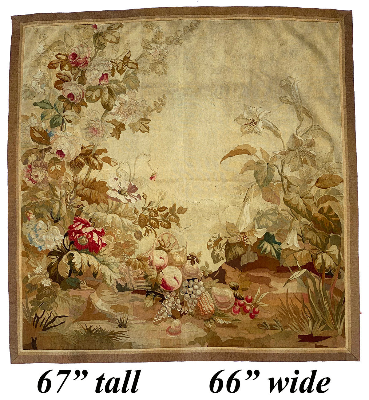 Antique 19th c. French Aubusson or Gobelin Wall Hanging 67" x 66" Tapestry, Floral, Fruit