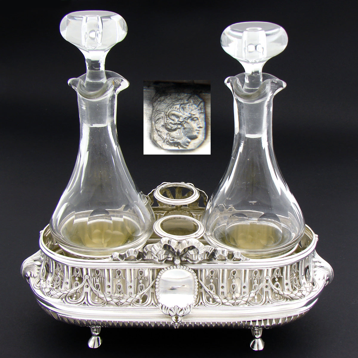 Antique French Napoleon III Era Sterling Silver Oil & Vinegar Cruet Stand, Empire Style