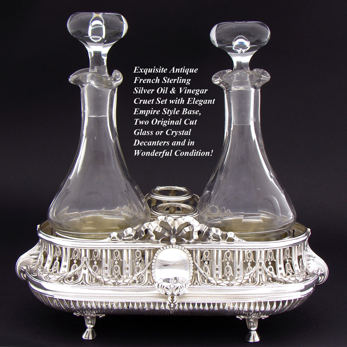 Antique French Napoleon III Era Sterling Silver Oil & Vinegar Cruet Stand, Empire Style