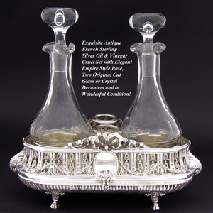 Antique French Napoleon III Era Sterling Silver Oil & Vinegar Cruet Stand, Empire Style