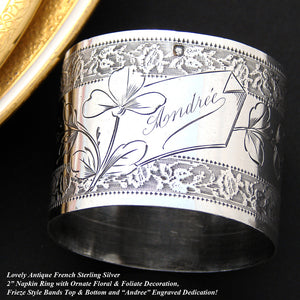 Antique French Sterling Silver Napkin Ring, Floral Decoration, "Andree" Inscription