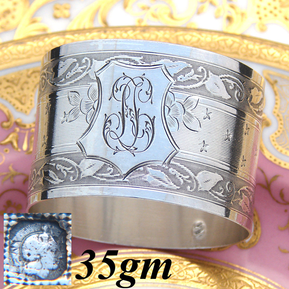 Antique French Sterling Silver 2" Napkin Ring, Ornate Foliate Pattern, "LL” Monogram