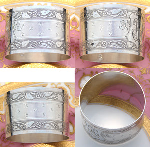 Antique French Sterling Silver 2" Napkin Ring, Ornate Foliate Pattern, "LL” Monogram