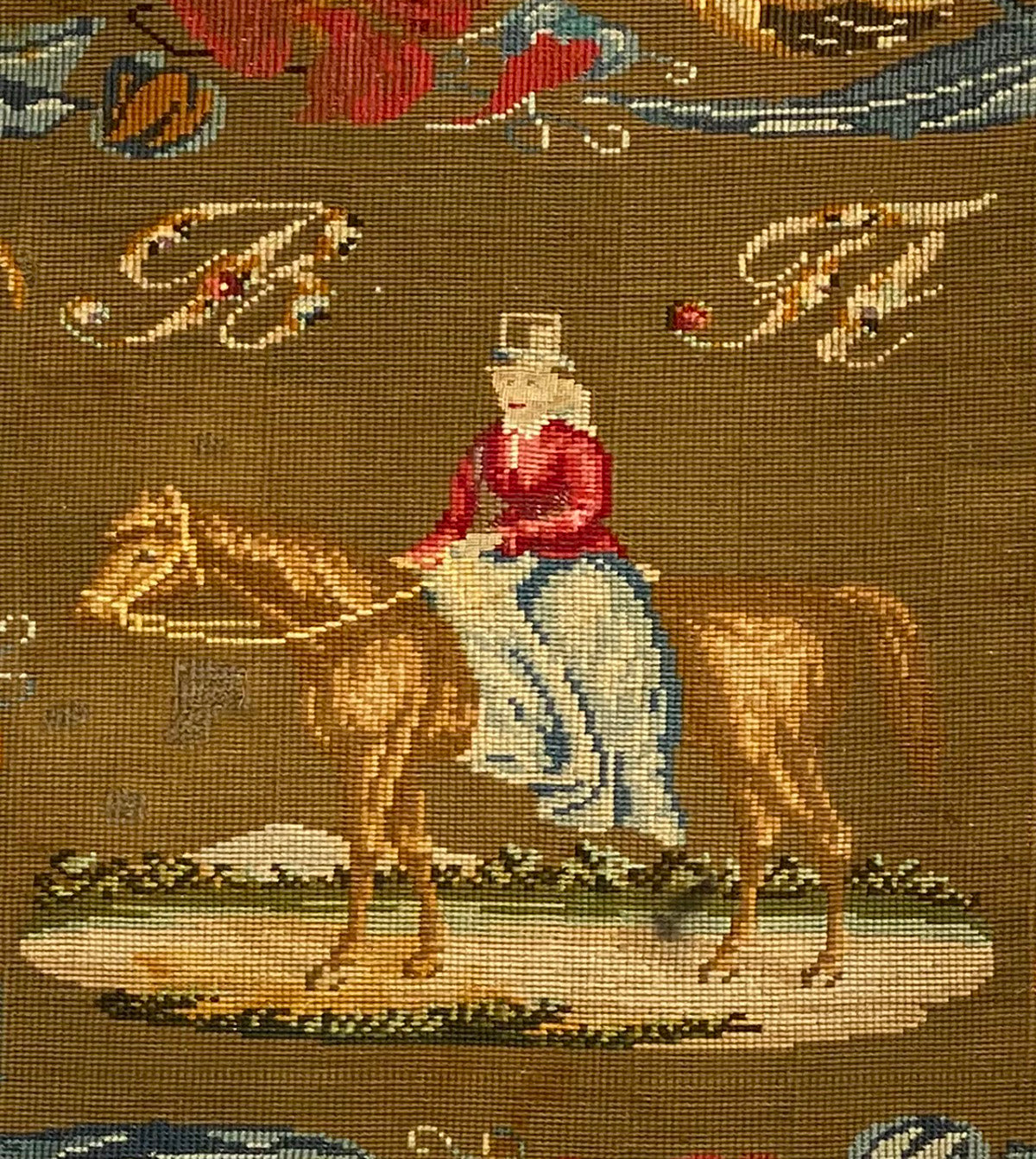 HUGE Antique 65" x 56" Victorian Needlepoint Wall Hanging, Florals and Horse, Lady on Side Saddle