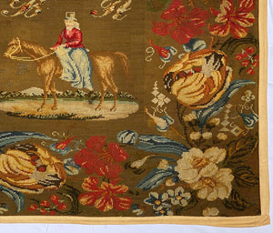 HUGE Antique 65" x 56" Victorian Needlepoint Wall Hanging, Florals and Horse, Lady on Side Saddle