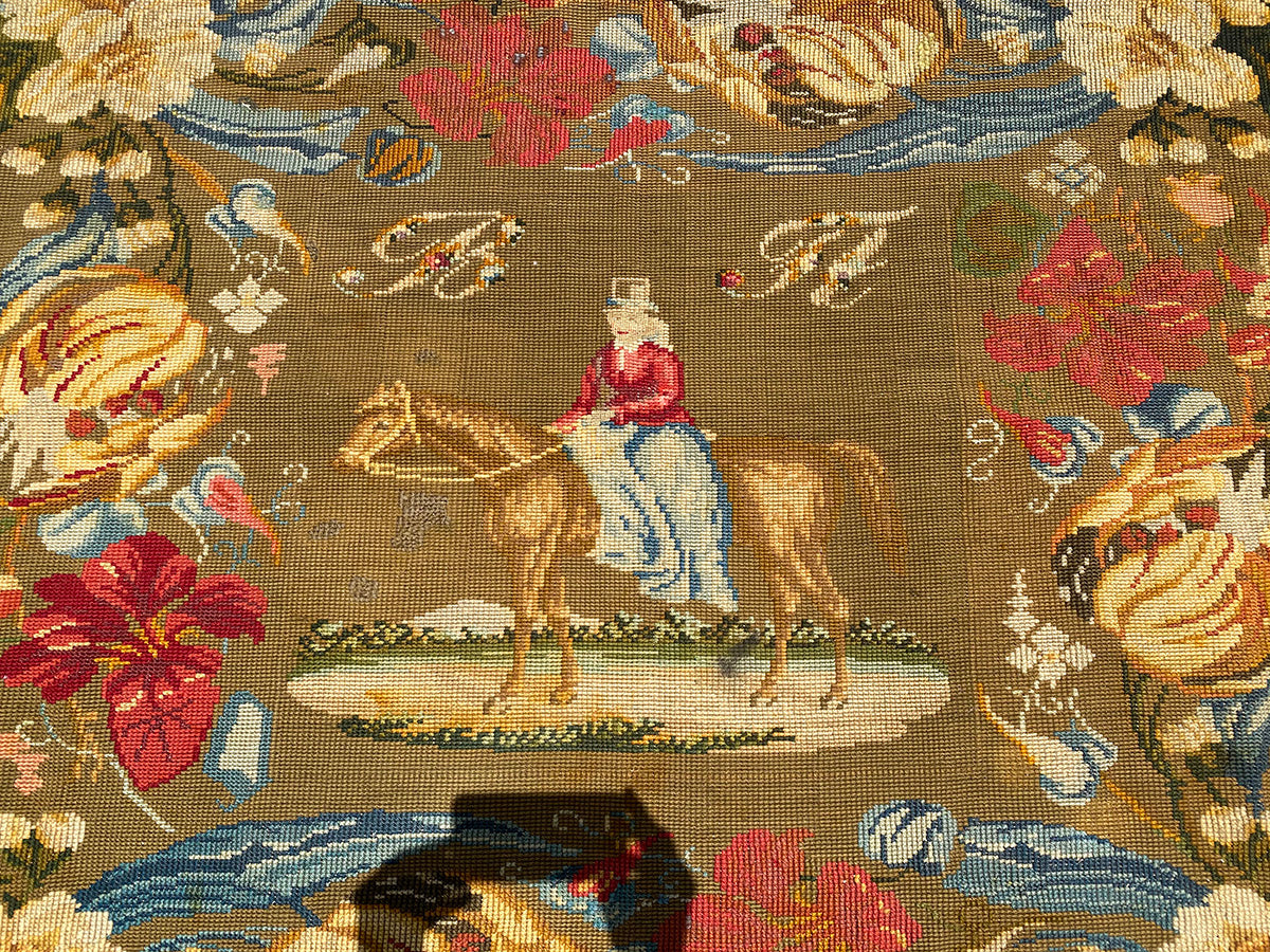 HUGE Antique 65" x 56" Victorian Needlepoint Wall Hanging, Florals and Horse, Lady on Side Saddle