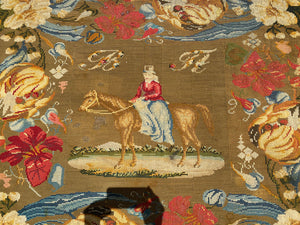 HUGE Antique 65" x 56" Victorian Needlepoint Wall Hanging, Florals and Horse, Lady on Side Saddle