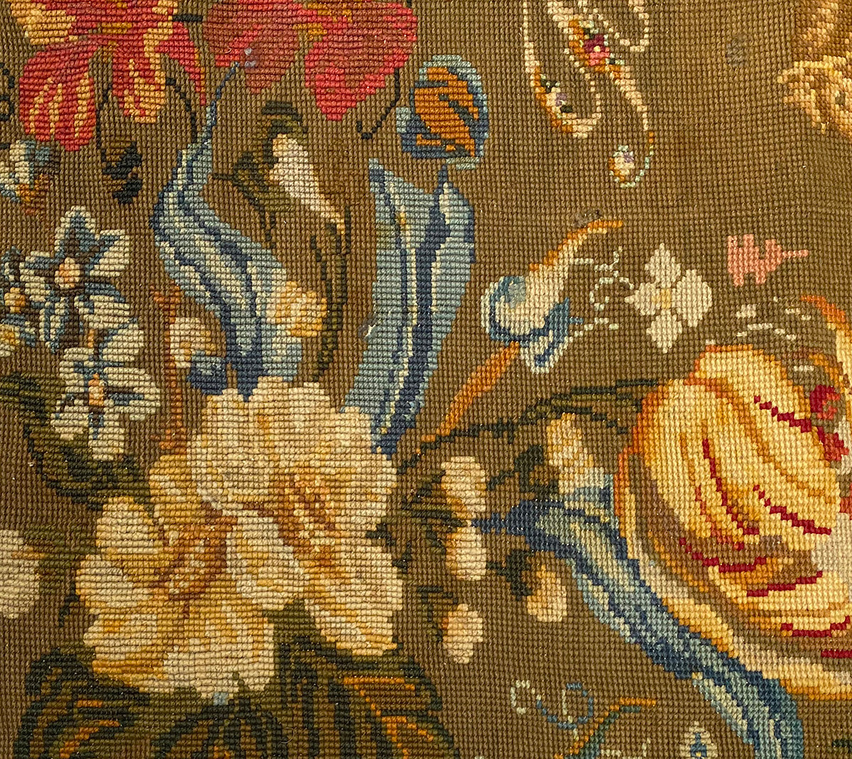 HUGE Antique 65" x 56" Victorian Needlepoint Wall Hanging, Florals and Horse, Lady on Side Saddle