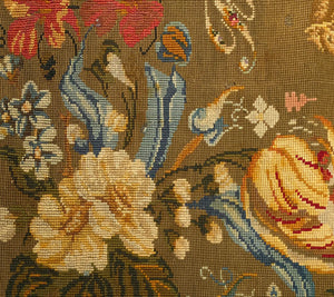 HUGE Antique 65" x 56" Victorian Needlepoint Wall Hanging, Florals and Horse, Lady on Side Saddle