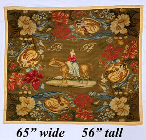 HUGE Antique 65" x 56" Victorian Needlepoint Wall Hanging, Florals and Horse, Lady on Side Saddle