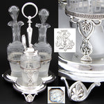 Gorgeous Antique French Sterling Silver Castor or Cruet Set, Oil & Vinegar Decanters, Mustard Pot & Stand