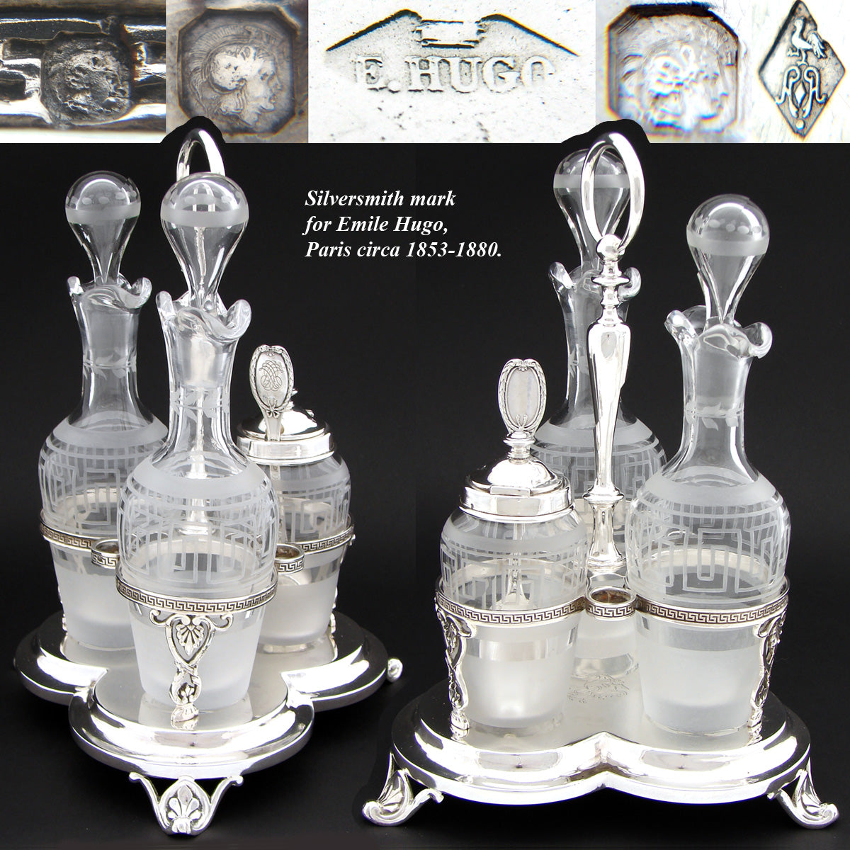 Gorgeous Antique French Sterling Silver Castor or Cruet Set, Oil & Vinegar Decanters, Mustard Pot & Stand