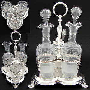 Gorgeous Antique French Sterling Silver Castor or Cruet Set, Oil & Vinegar Decanters, Mustard Pot & Stand