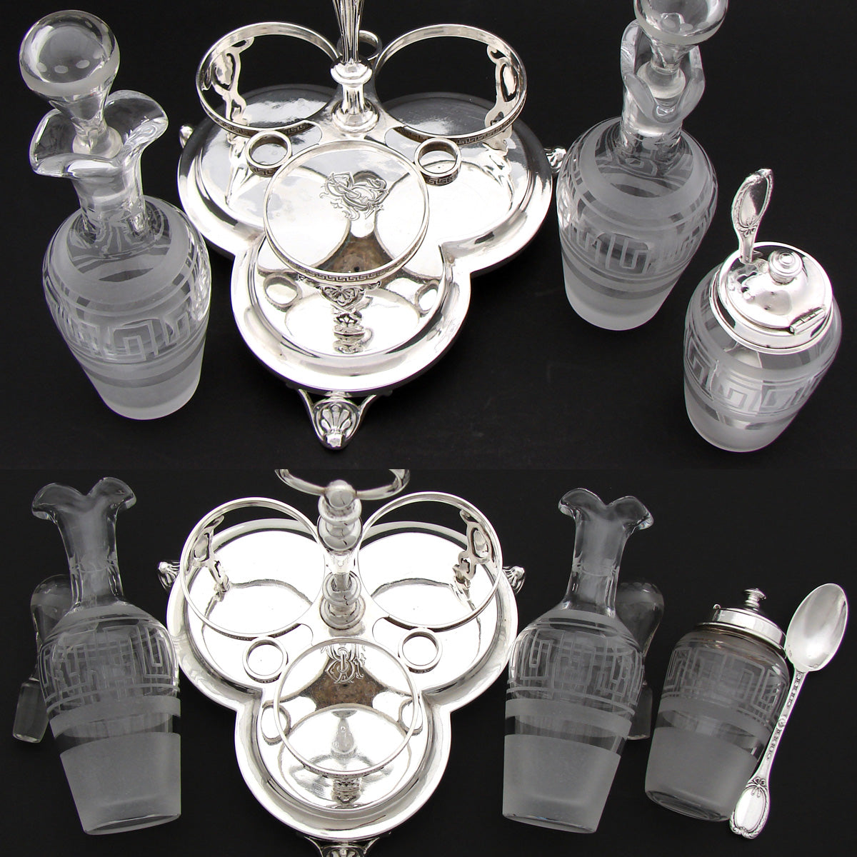 Gorgeous Antique French Sterling Silver Castor or Cruet Set, Oil & Vinegar Decanters, Mustard Pot & Stand